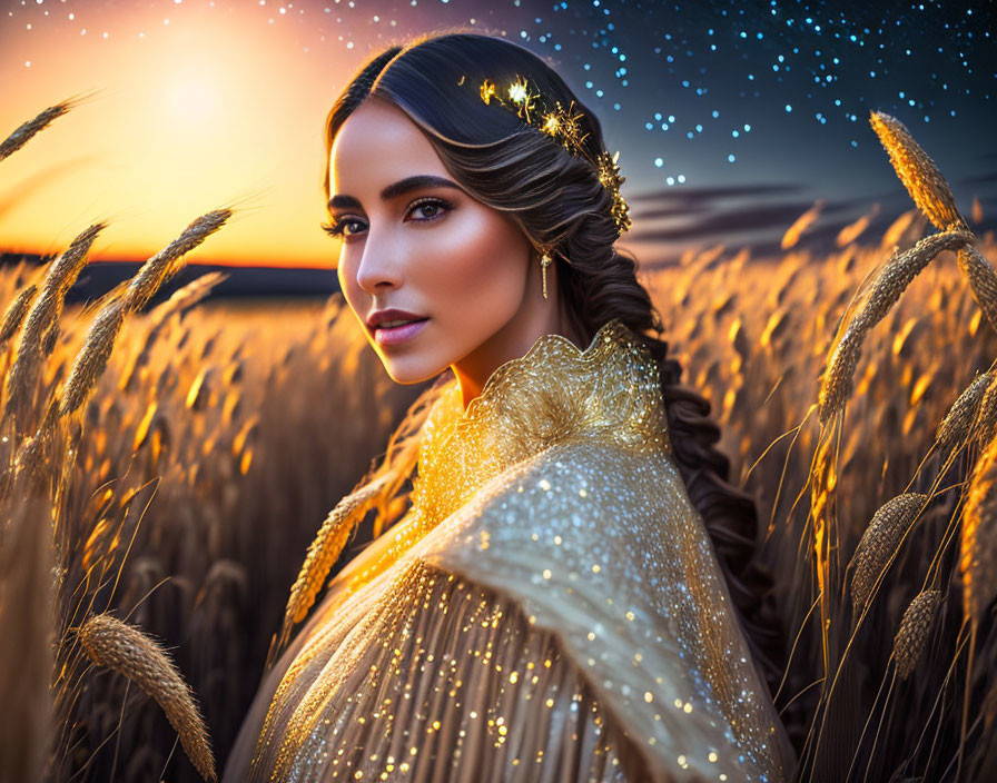 Woman in golden outfit with decorative hairstyle in wheat field at sunset