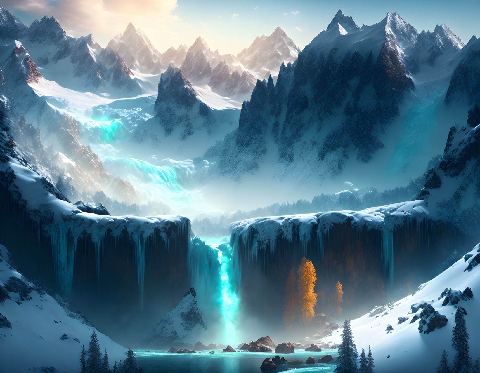 Snowy Mountains with Glowing Blue Waterfall & Golden Tree