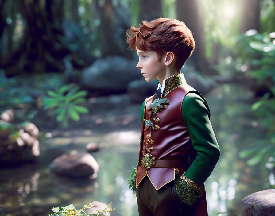 Red-haired boy in green-and-gold outfit in contemplative pose by forest stream