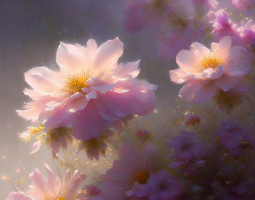 Ethereal pink flowers in misty background