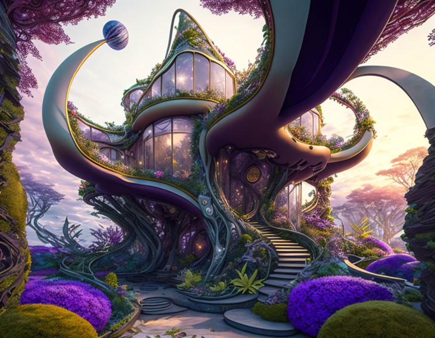 Enchanted forest treehouse with swirling architecture and vibrant purple hue