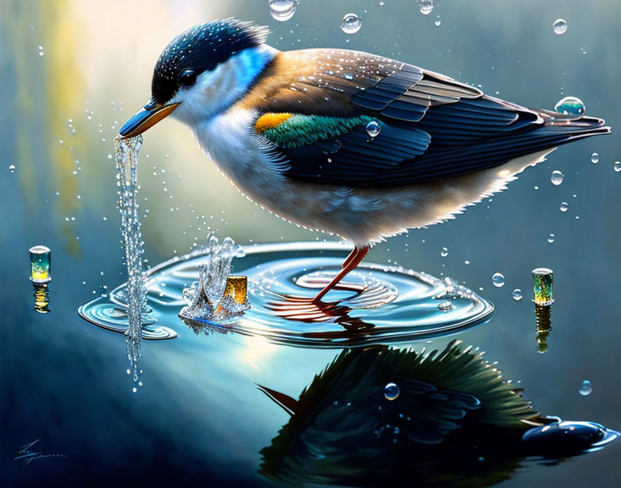 Colorful Bird Perched on Twig Reflecting in Water