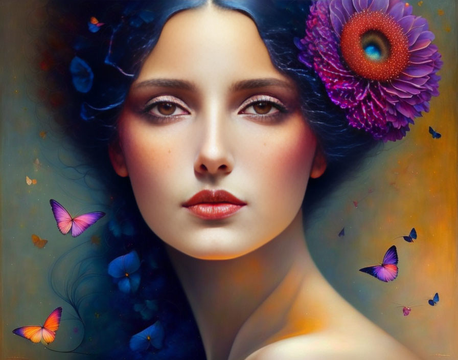 Portrait of a woman with dark hair, blue and purple flowers, butterflies, soft warm backdrop