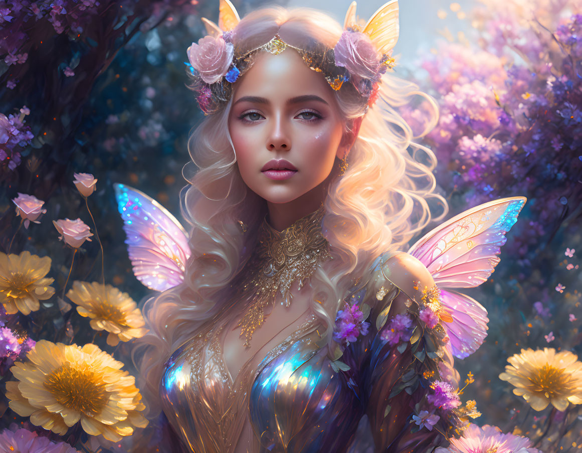 Female figure with butterfly wings in lush, purple flora and soft light