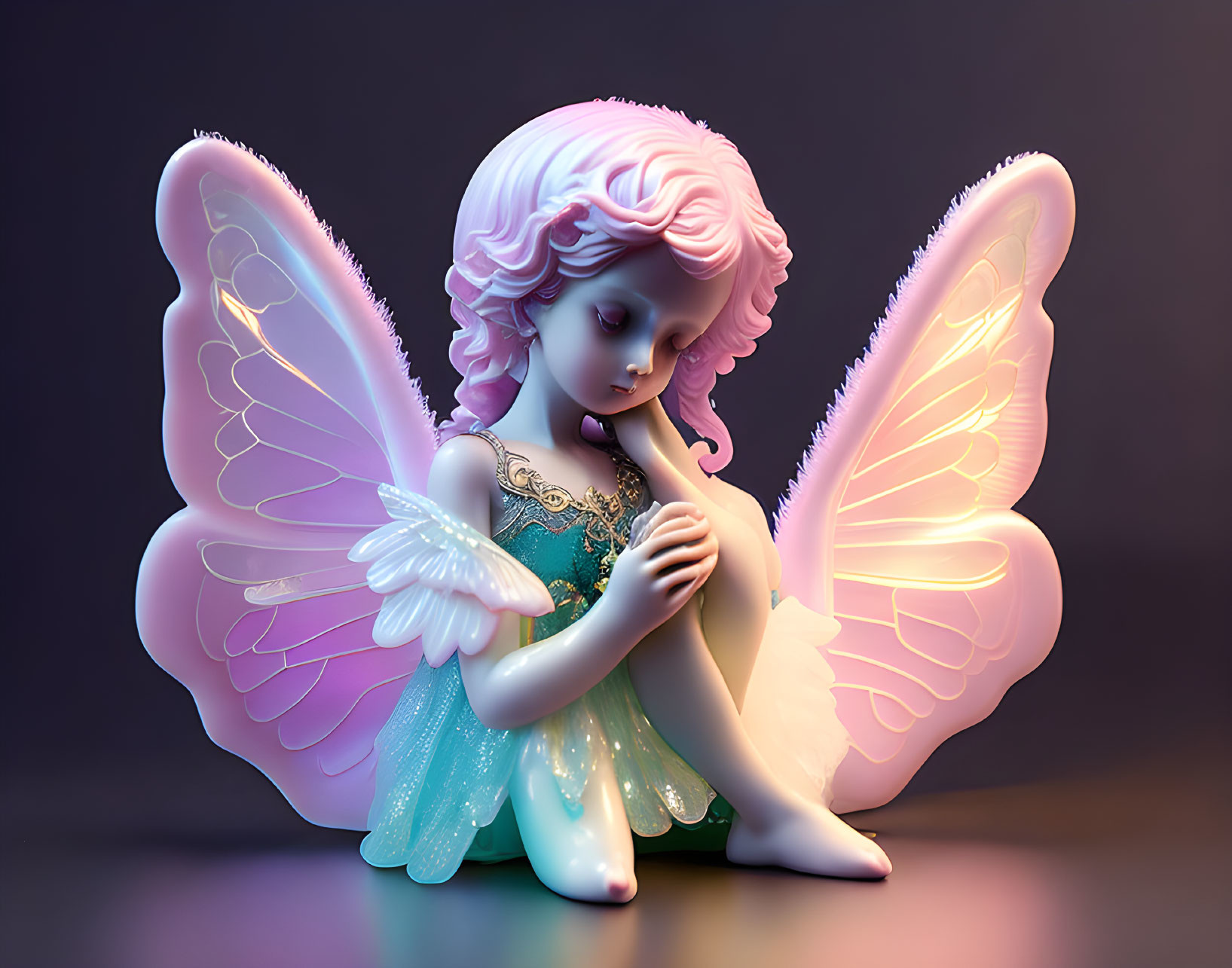 Pensive fairy figurine with pink hair and translucent wings on gradient background