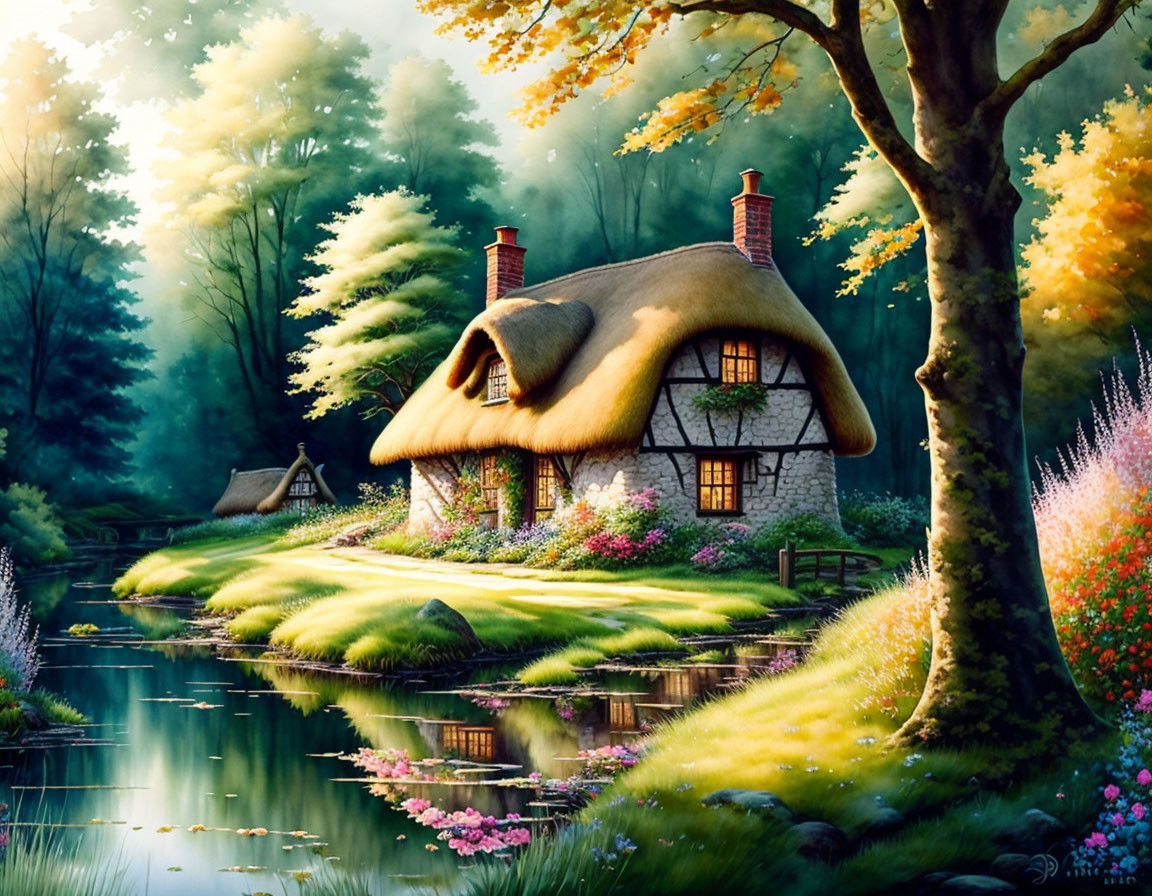 Thatched cottage by serene pond surrounded by lush greenery