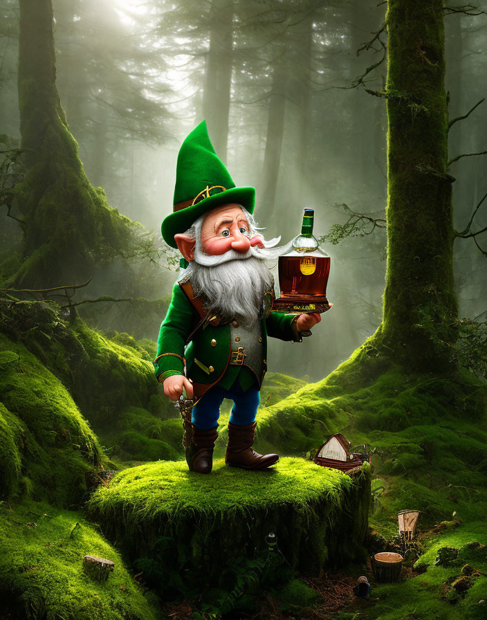 Gnome in green outfit with bottle on mossy hillock in enchanted forest