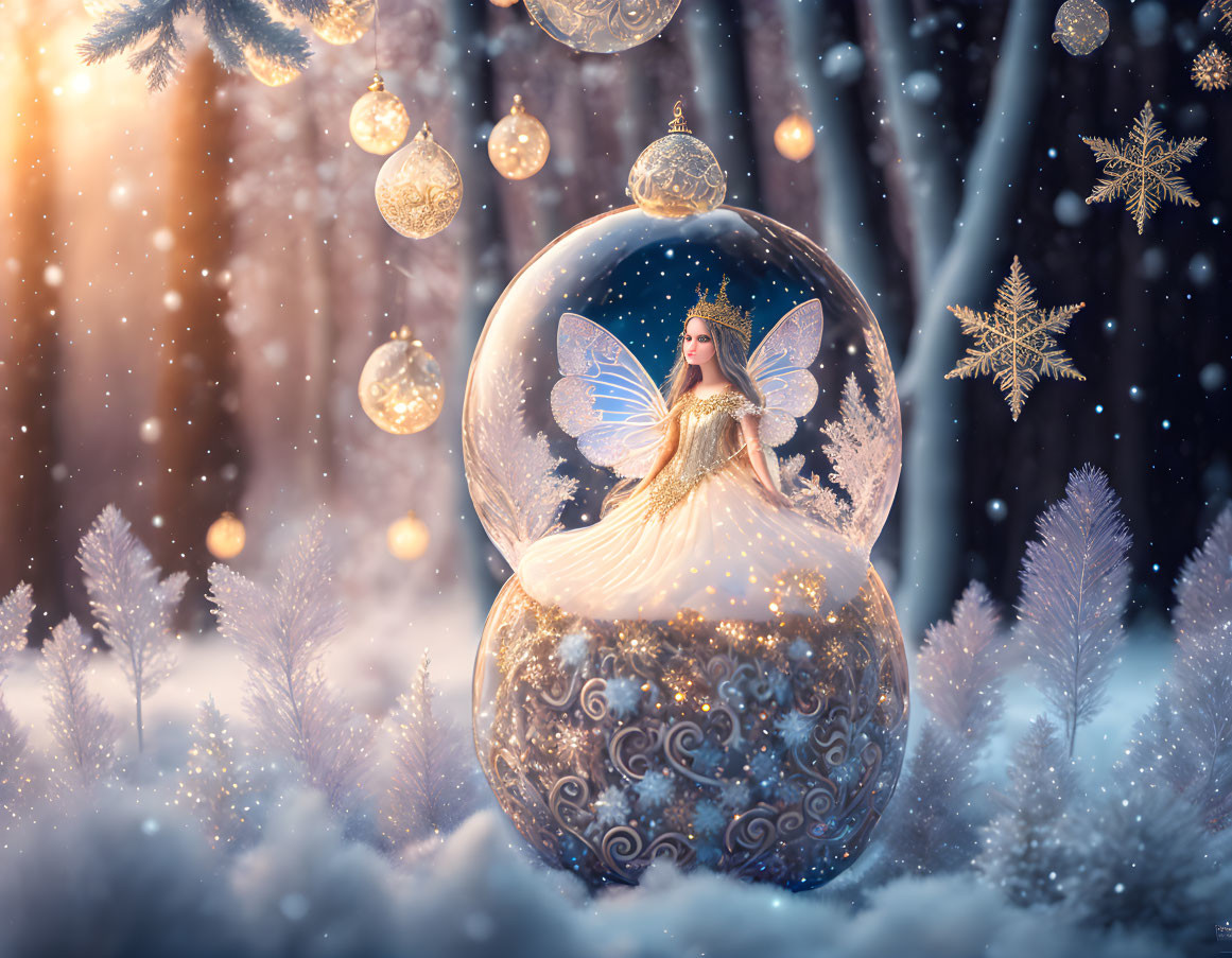 Delicate fairy with wings in snow globe surrounded by snowy forest