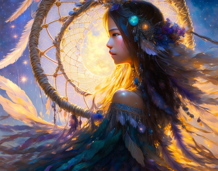 Illustration of woman with feathered cloak and dreamcatcher in mystical celestial setting