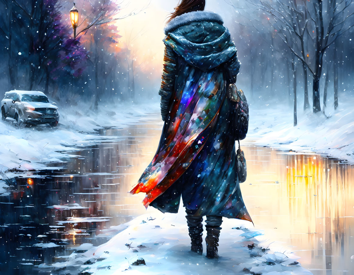 Person in Colorful Scarf and Coat Walking on Snowy Street with Streetlights and Car Reflections