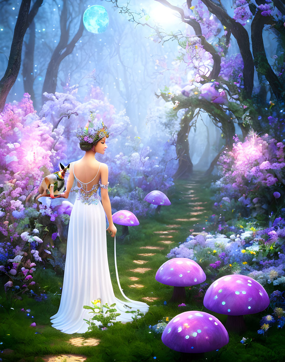 Woman in white dress with fox in enchanted forest among purple flora