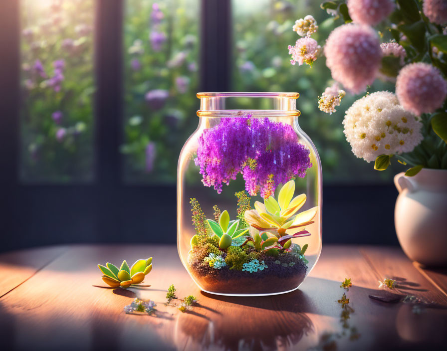 Glass terrarium with vibrant succulents and purple flowers on wooden surface by garden-view window