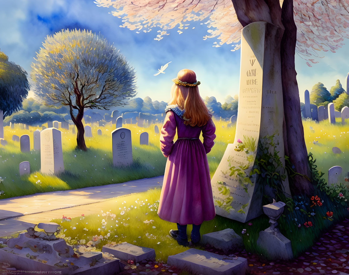 Girl in Purple Coat Stands in Sunny Cemetery