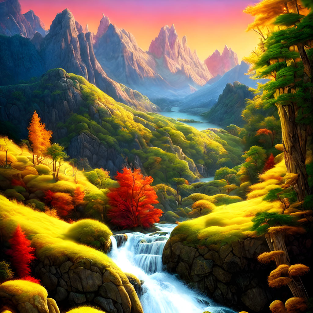 Fantasy landscape with autumn trees, waterfall, river, and mountains