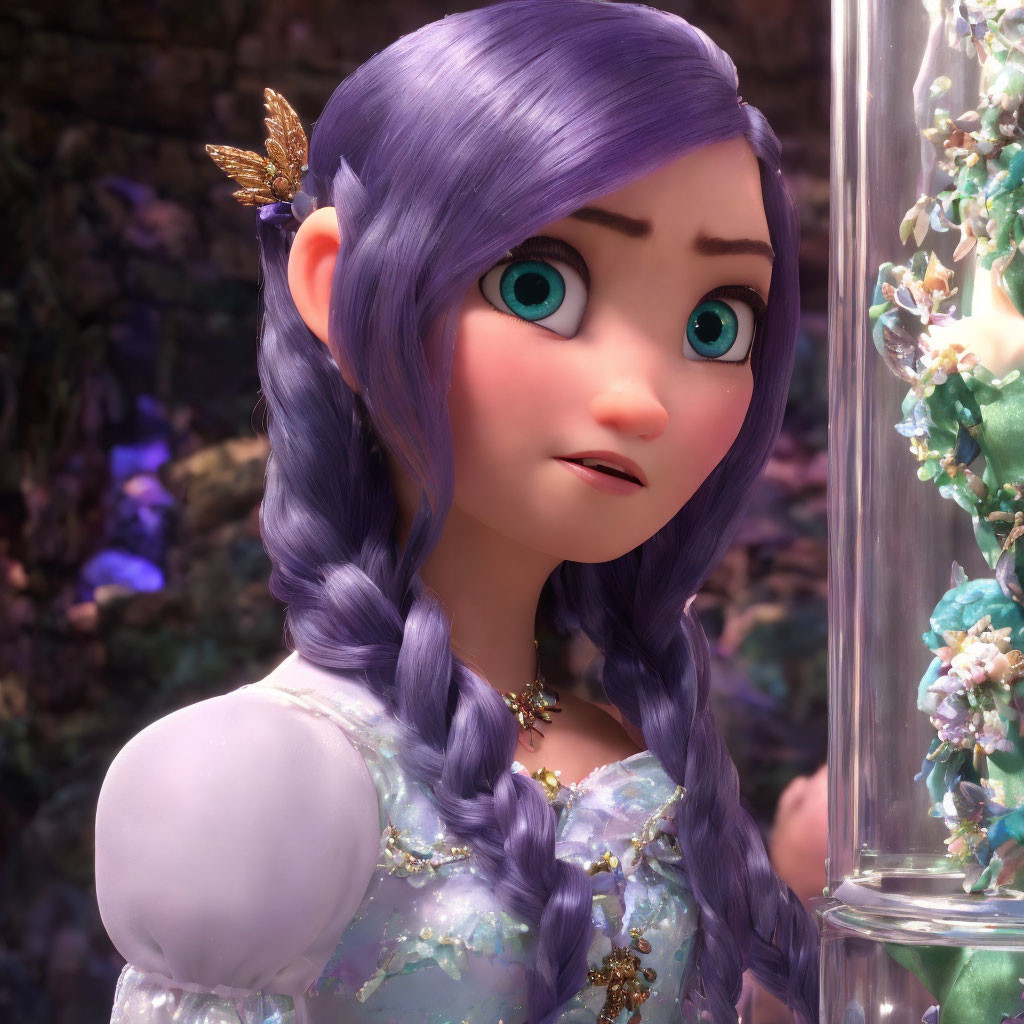 3D animated character with turquoise eyes and braided purple hair in floral dress shows surprise.