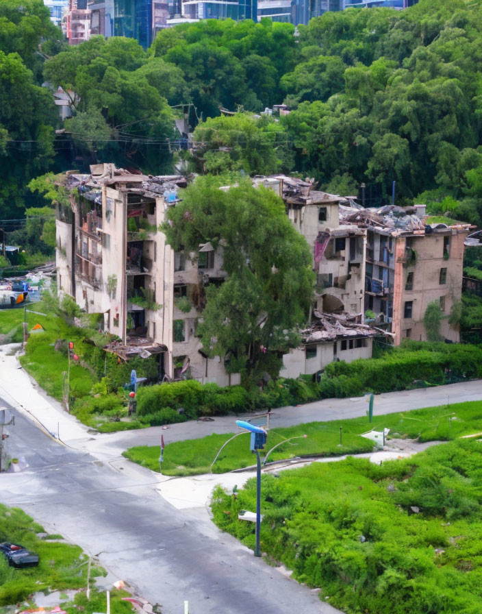 Partially Collapsed Apartment Buildings Surrounded by Greenery