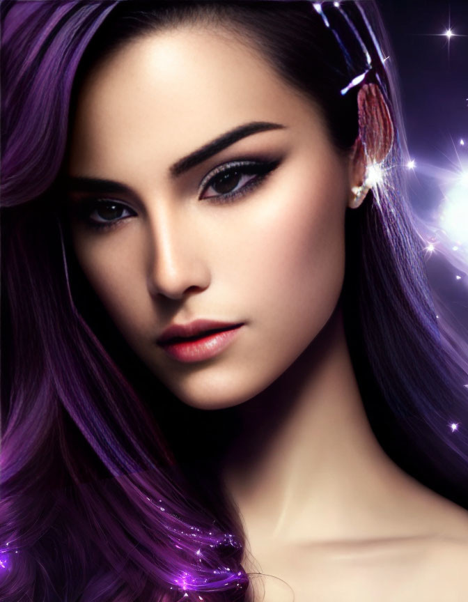 Digitally Altered Portrait: Woman with Violet Hair and Winged Eyeliner