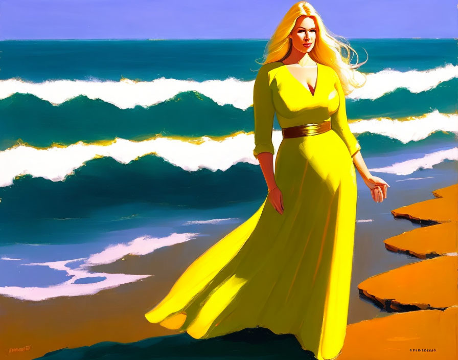 Blond Woman in Yellow Dress on Cliff Overlooking Blue Sea