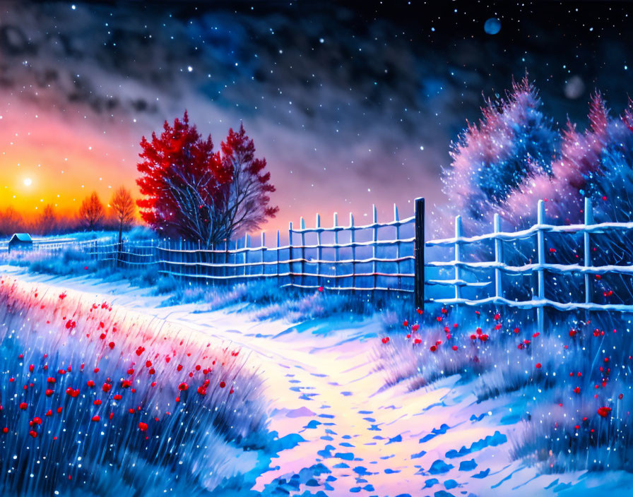 Snow-covered Path and Wooden Fence in Twilight Winter Landscape