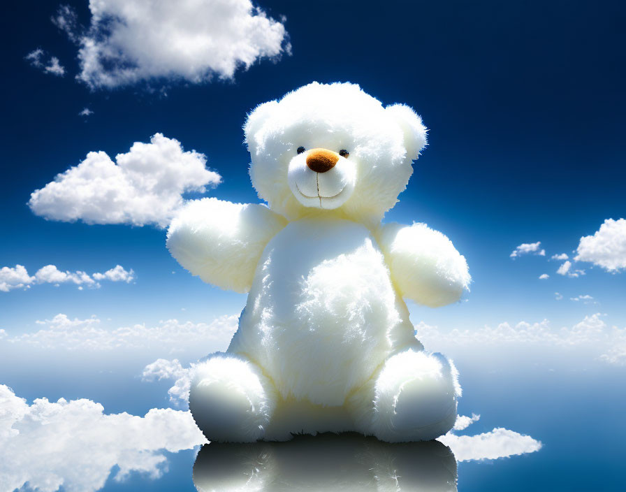 White Teddy Bear with Clouds and Reflective Surface