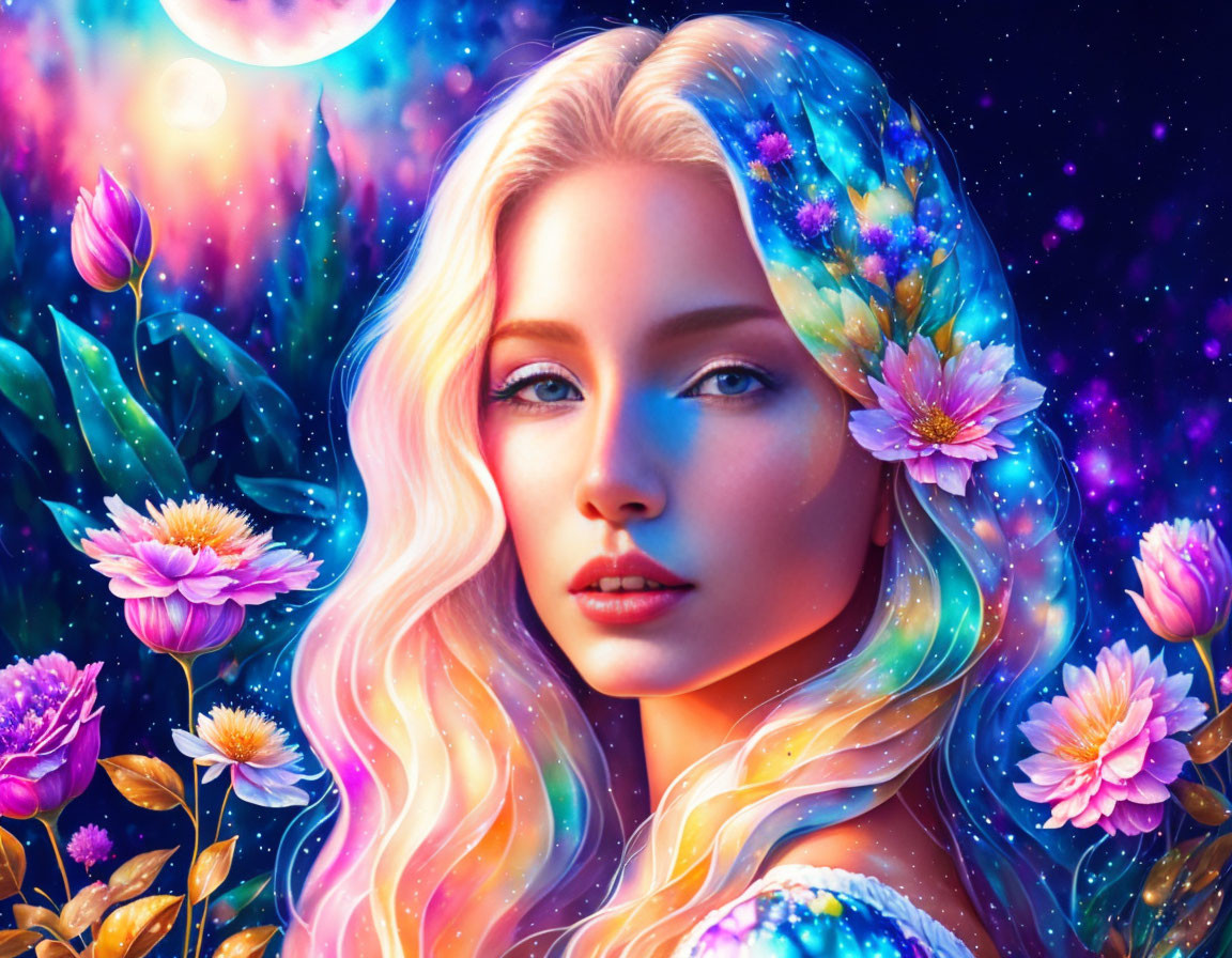 Digital Artwork: Woman with Cosmic Theme, Starry Hair, Flowers, Glowing Moon