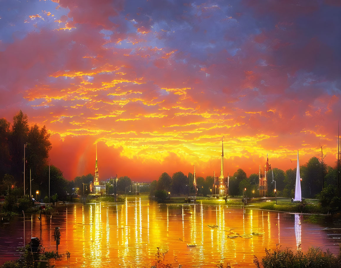 Scenic sunset over calm river with reflections, silhouetted trees, boats, fiery sky,