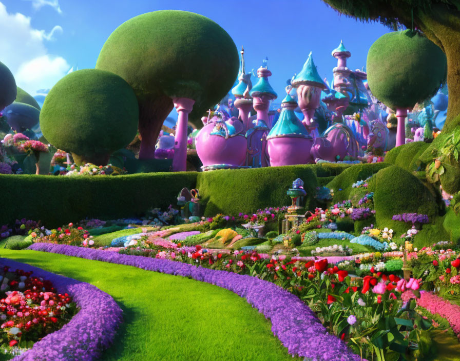 Colorful fantasy landscape with whimsical topiary and pastel buildings