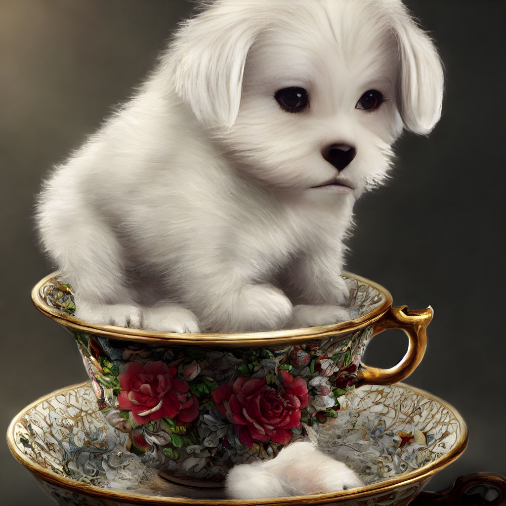 Fluffy white puppy in decorative teacup with floral patterns