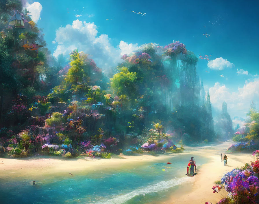 Vibrant flora, cascading waterfalls, and historical characters in a fantastical landscape