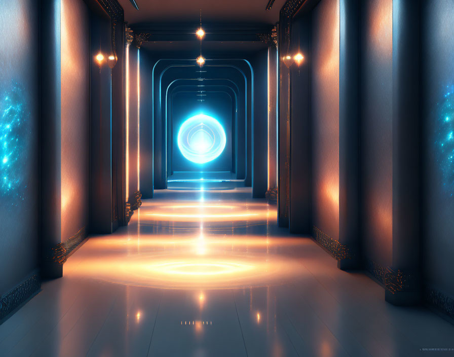 Futuristic corridor with glowing blue patterns and circular portal