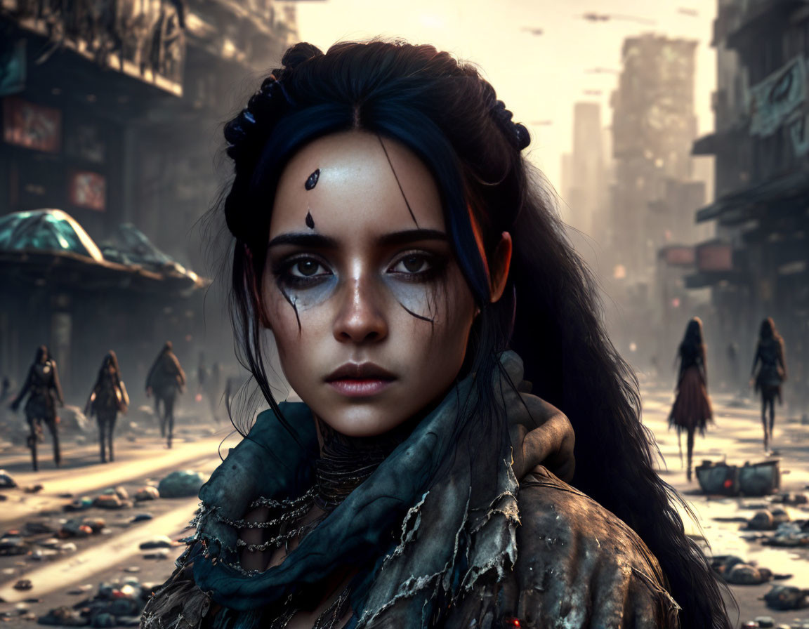 Young woman with blue eyes and gem in dystopian cityscape.