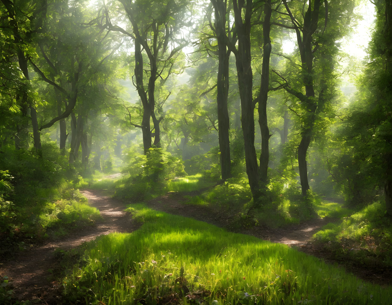 Sunlit Forest Path with Piercing Rays of Light and Lush Greenery