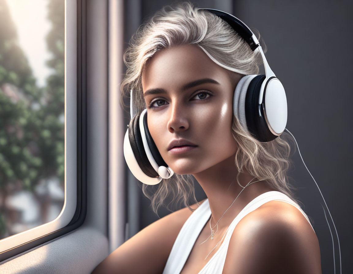 Platinum blonde woman with headphones looking out train window