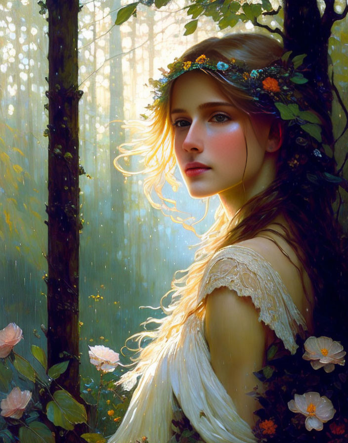 Woman in Floral Crown in Sunlit Forest with Magic