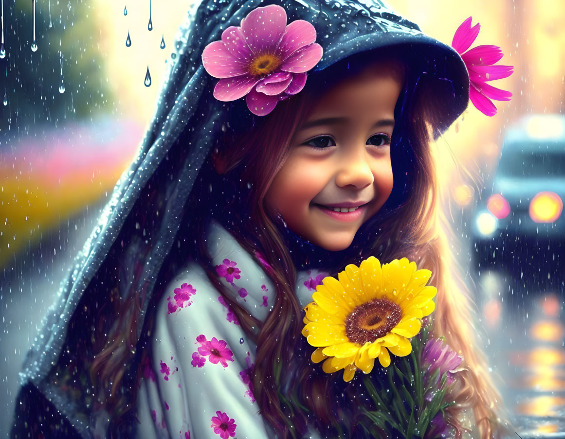 Smiling girl in blue hat with pink flowers holding bouquet in rain