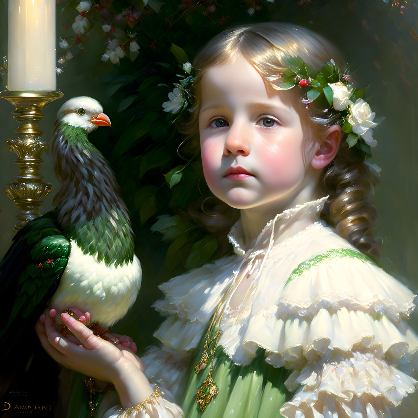 Young girl in vintage dress holding pigeon in serene, classical portrait