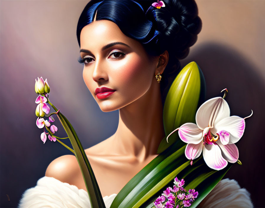 Portrait of Woman with Updo and Orchid in Soft-focus Background