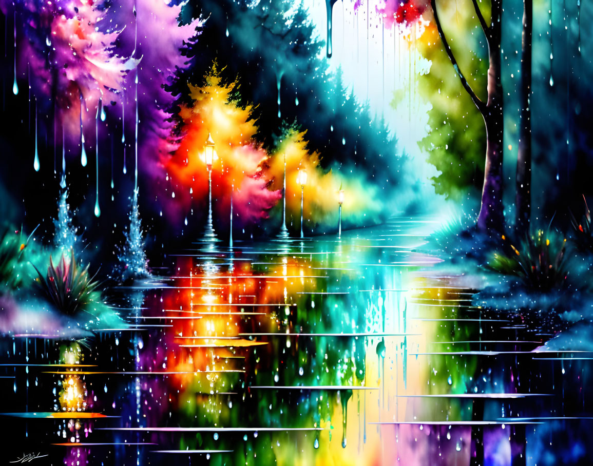 Colorful illuminated forest painting with magical atmosphere