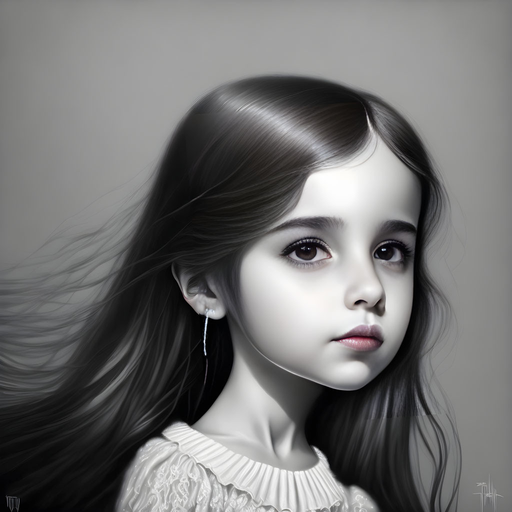 Young girl portrait with long hair and expressive eyes on gray background