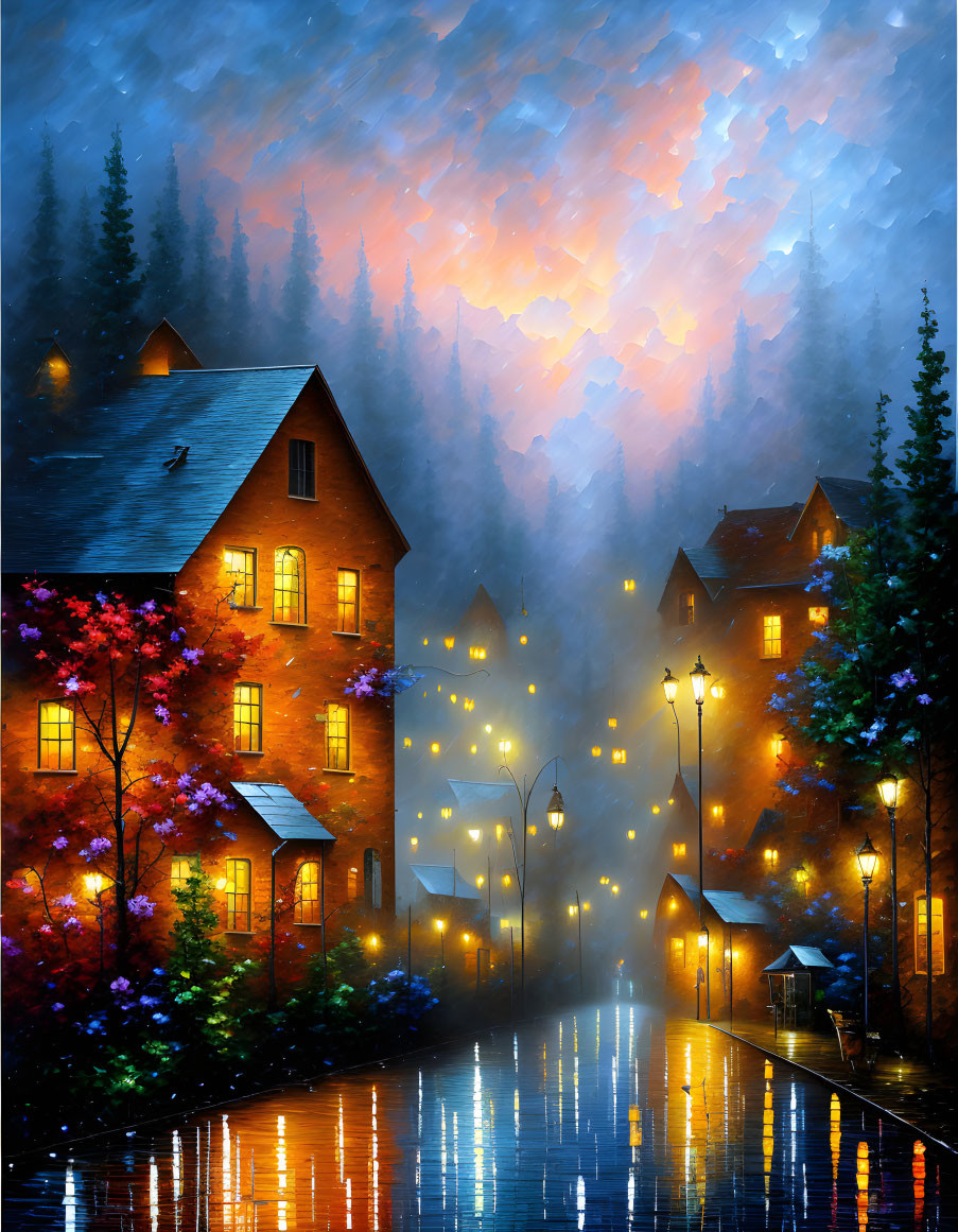 Vibrant night scene of illuminated village with wet cobblestone street