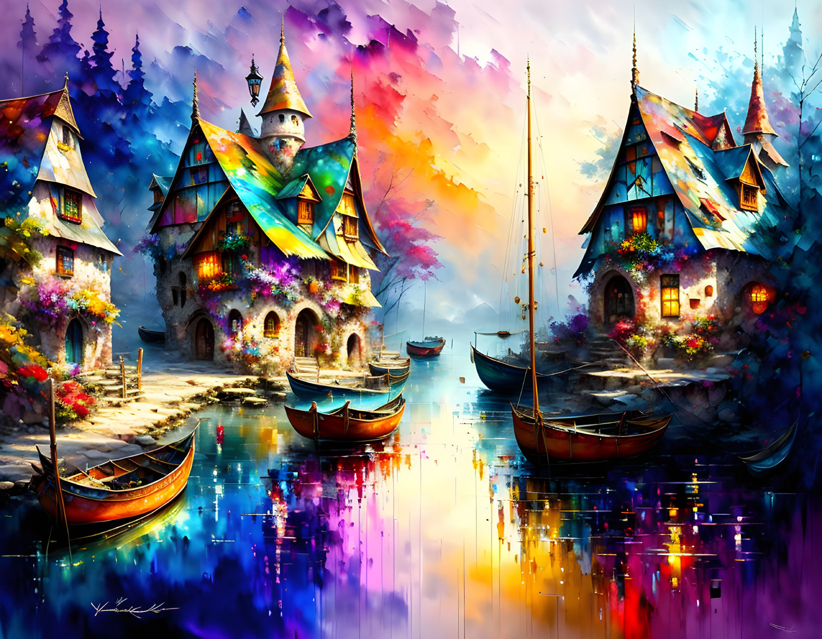 Colorful fantasy village by calm lake with whimsical houses and glowing windows under dramatic sky