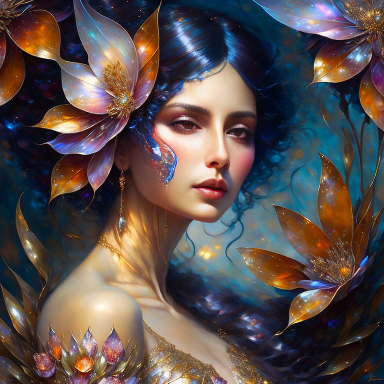 Portrait of a woman with flower-like wings and glowing petals.