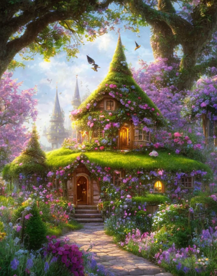 Enchanting cottage surrounded by greenery and flowers in magical forest