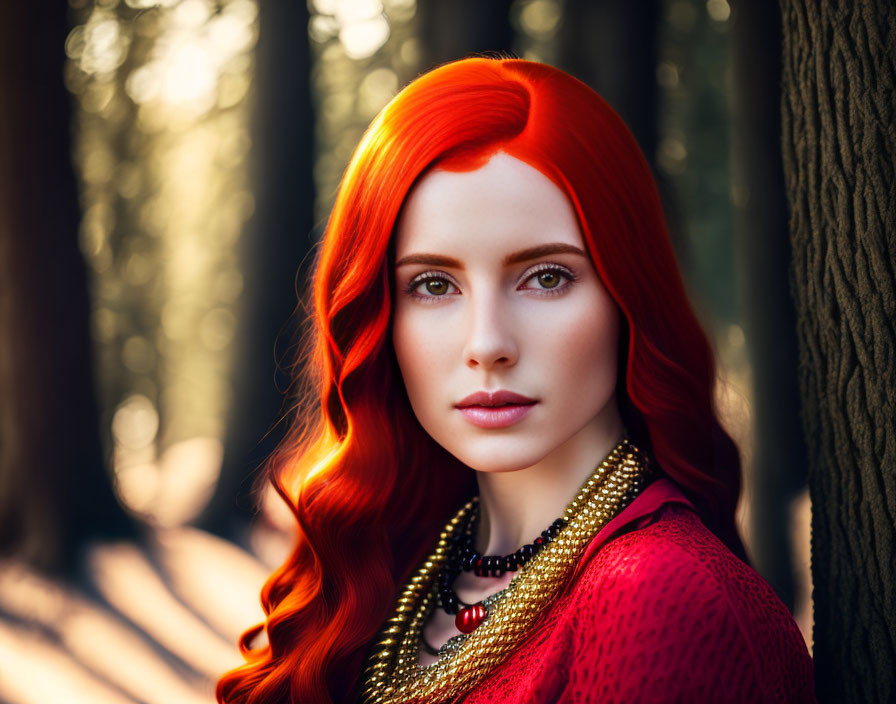 Red-haired woman in red top and gold necklace against forest backdrop