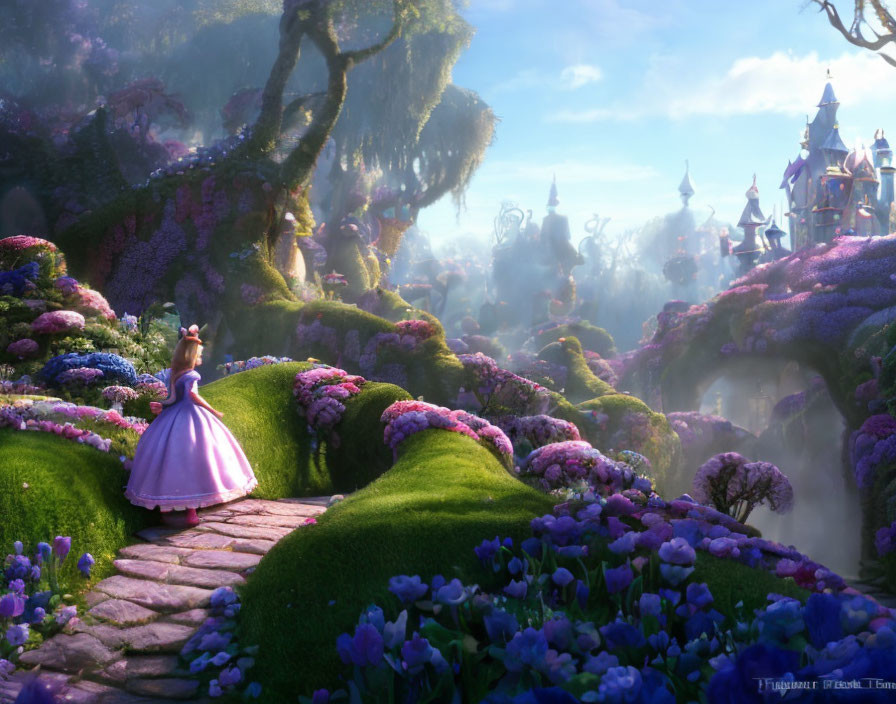 Princess in Pink Gown in Enchanting Flower Landscape