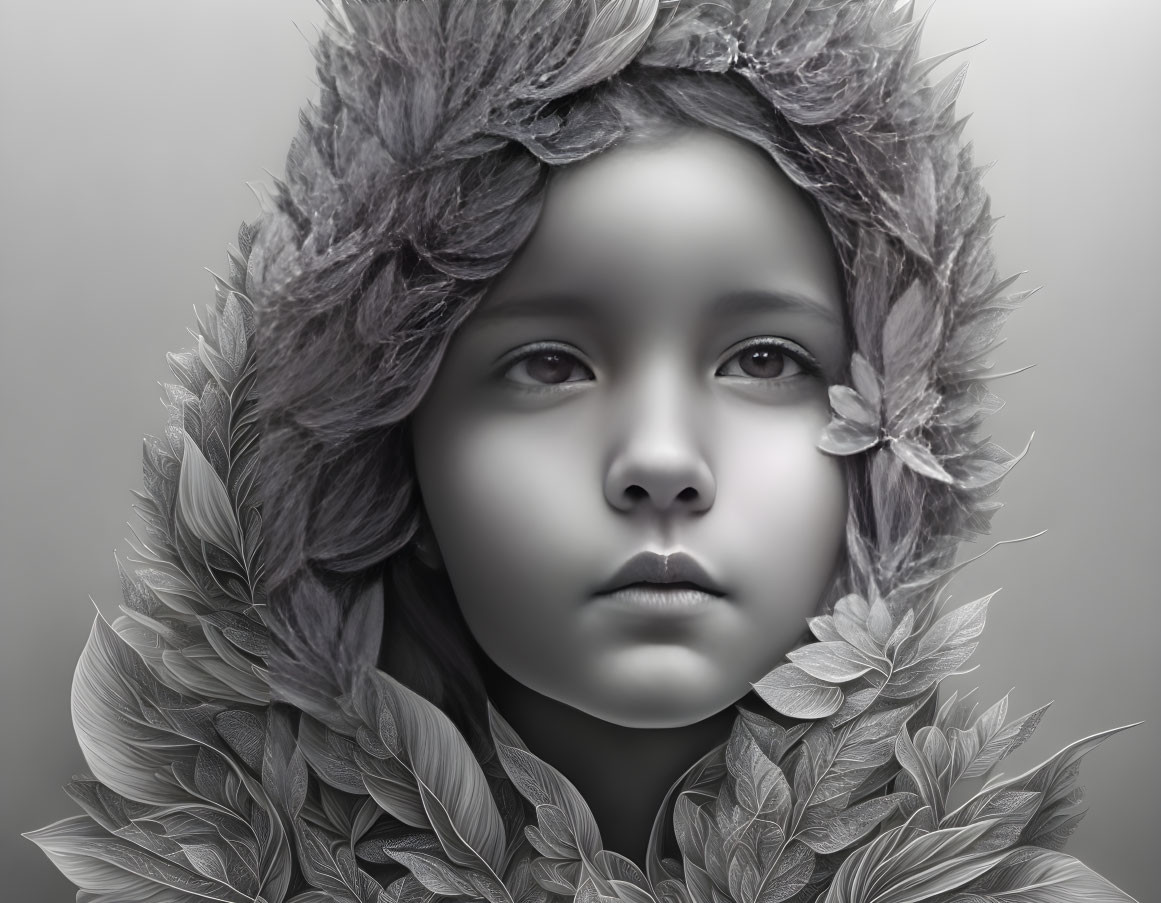 Monochromatic portrait of young girl with serene expression and leafy wreath