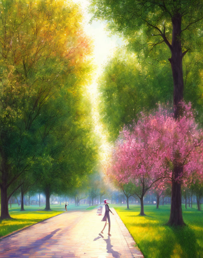 Sunlit Park Path with Cherry Blossoms and Green Trees