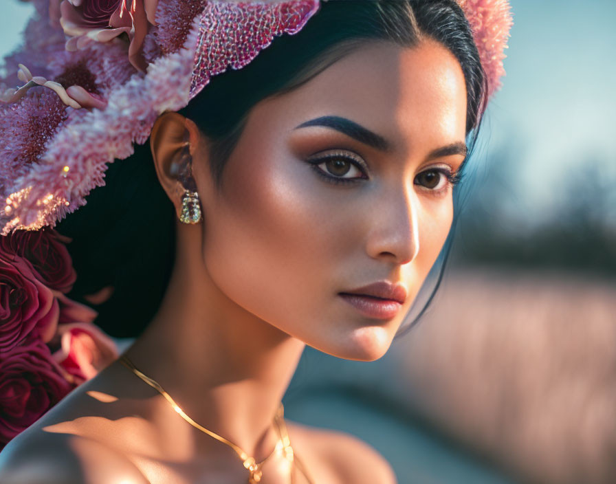 Woman wearing floral headpiece and jewelry in soft-focus background