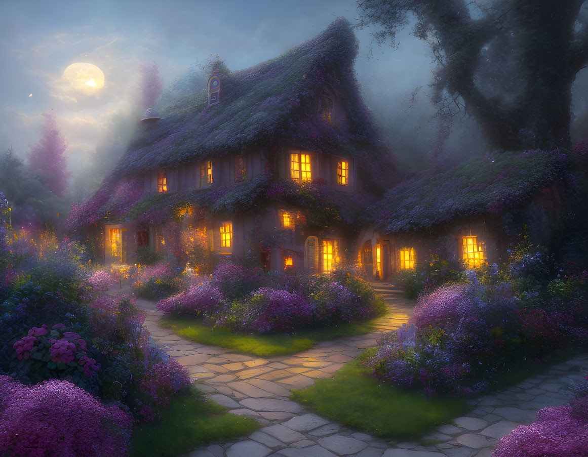 Whimsical Cottage with Thatched Roof in Moonlit Garden