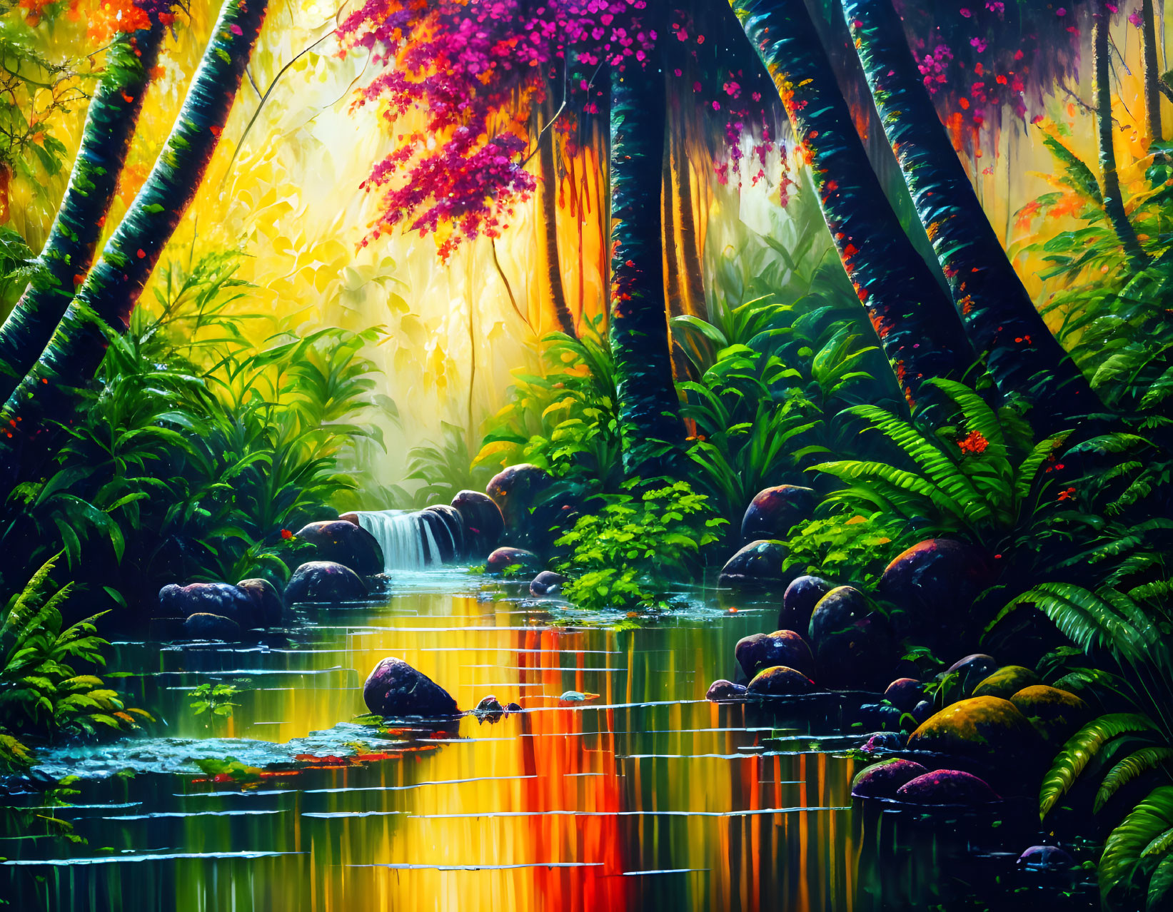 Colorful forest scene with waterfall, pond, greenery, and pink trees in golden light